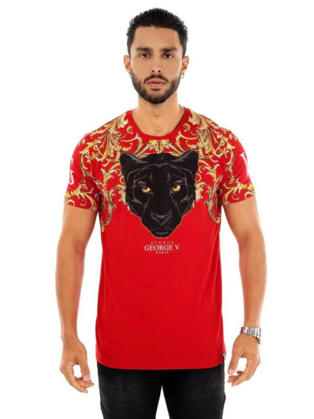 Avenue George V Paris T-Shirt rhinestone Black Panther Shorts sleeve Red Shirt